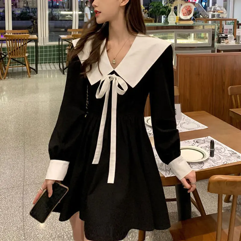 French Style Doll Collar Dresses Female Clothing Fashion Drawstring Bow Spring Autumn Spliced Elegant A-Line Waist Mini Dress