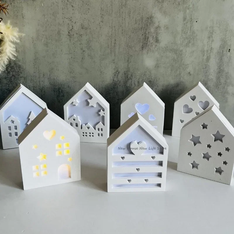 Hollow Splicing House Silicone Mold Gypsum Star Love House Decoration Mold Tea Light Candle Holder Cement Plaster Mould