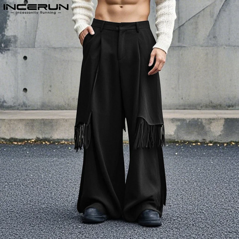 

INCERUN 2025 American Style Trousers Stylish Men Solid Tassel Design Long Pants Male Casual Clubwear Male Simple Pantalons S-5XL