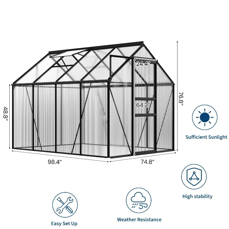 6x8FT Walk-in Greenhouse for Outdoors, Polycarbonate Greenhouse with Sliding Door, Adjustable Roof Vent and Gutter