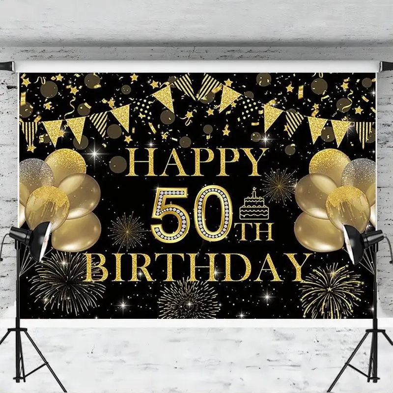 Happy 50th Birthday Backdrop Banner Black and Gold 50 Years Old Party Decoration Photography Background for Women Men Supplies