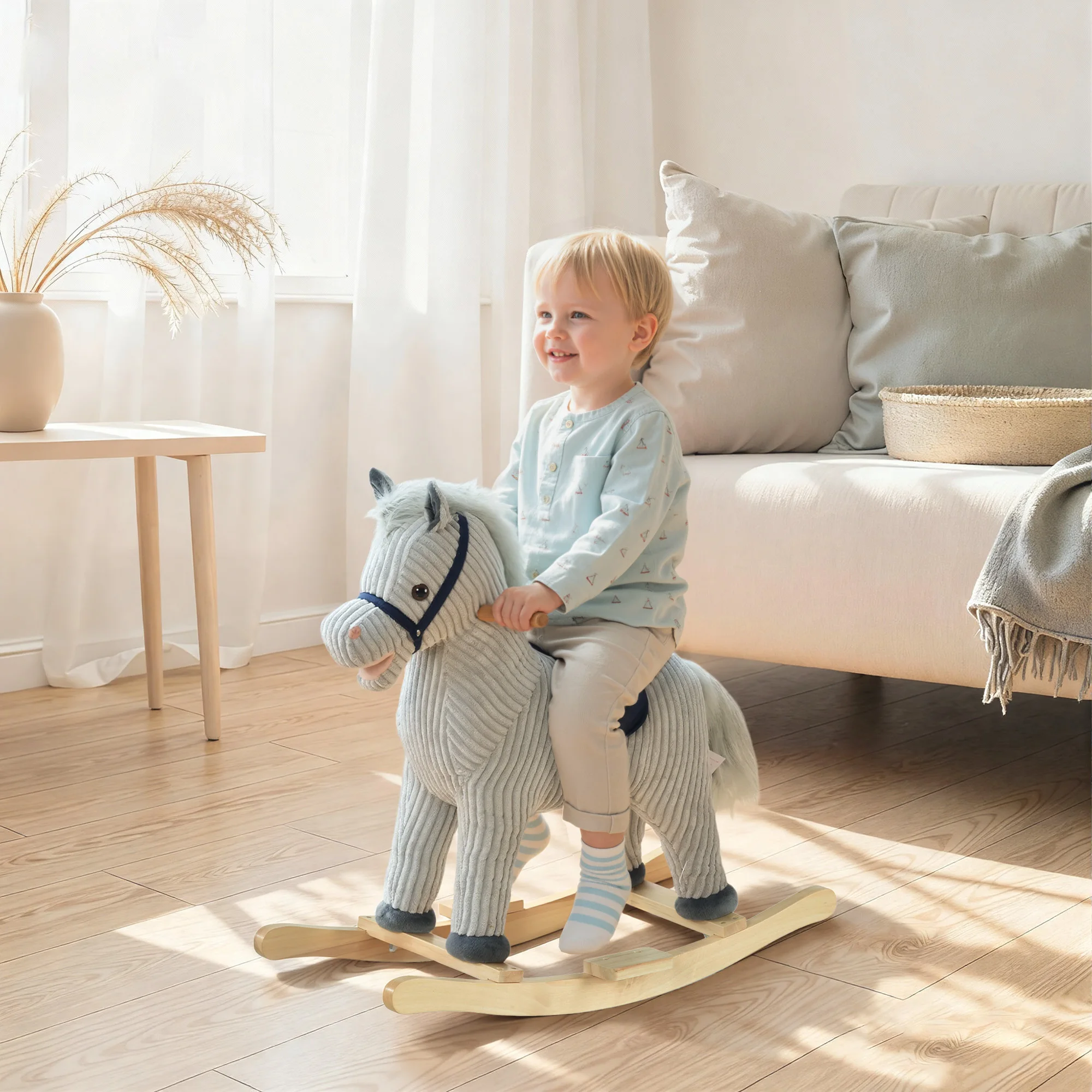 

Plush Rocking Horse with Neighing Sound for Toddlers 99LBS Capacity Wood Base Gray White Kids Ride on Toy 36 To 72 Months