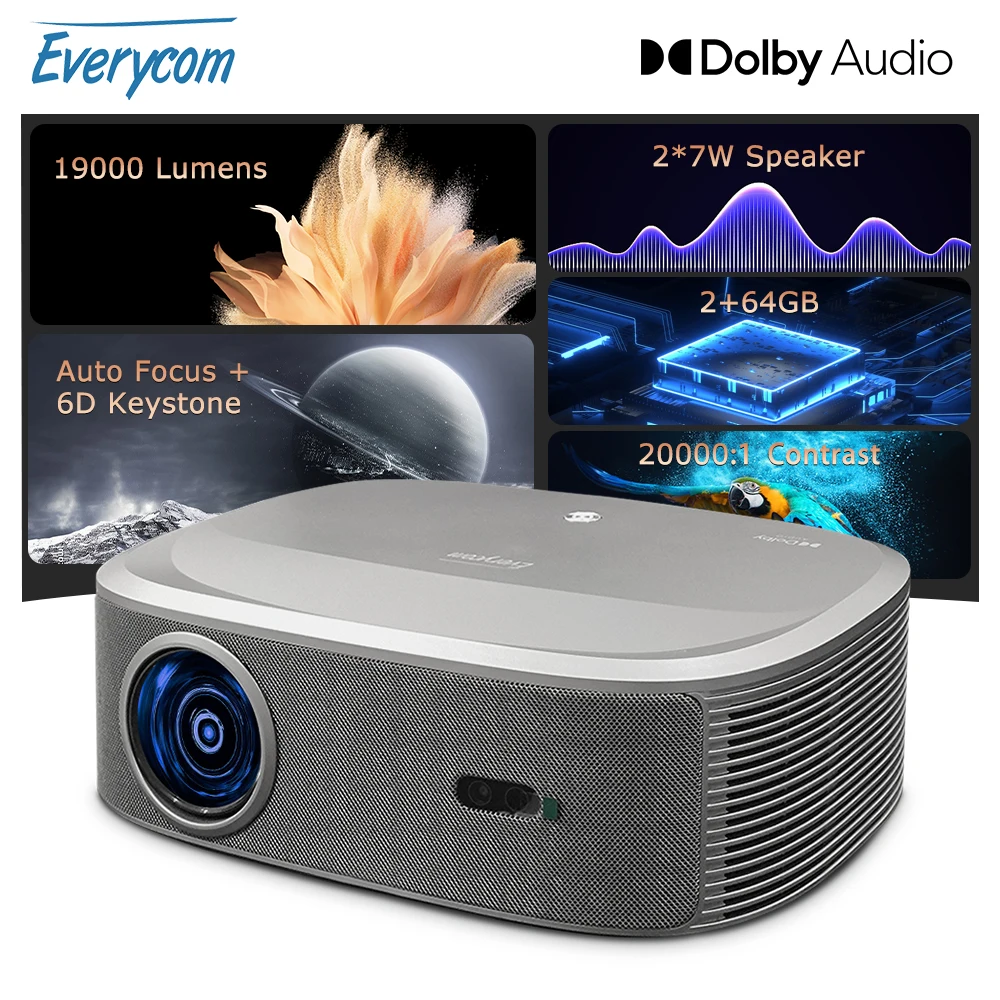 

Everycom HQ10 Full HD Projector Dolby Audio 4K Video Smart TV for Home 1080P 19000 Lumen Projectors 2+64GB Movie Theater Beamer