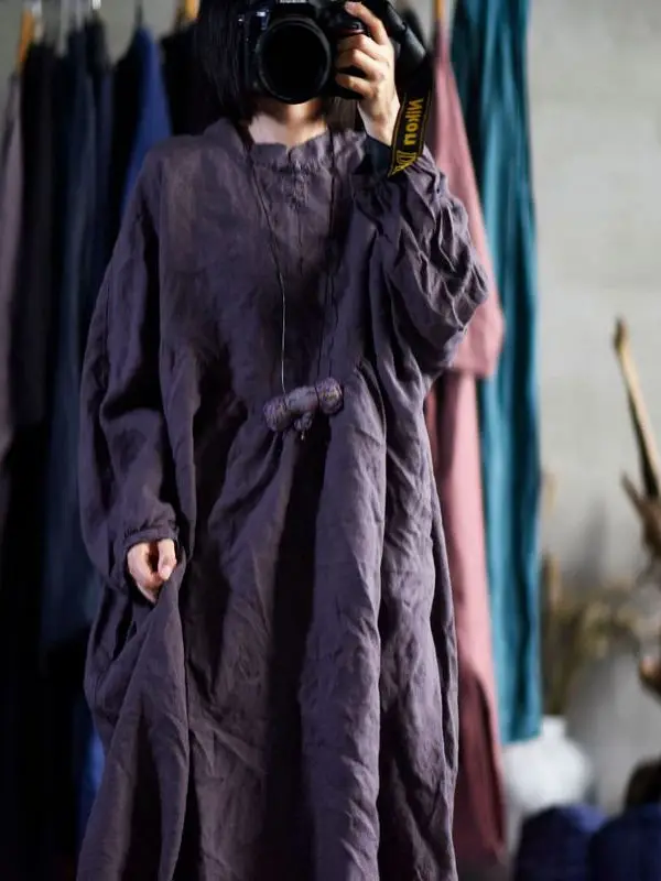 Retro Reine Farbe Taste Lose Gestickte Lange Sve Dr Frühling Herbst frauen Kleidung Pendeln Sle Casual Lange Dr