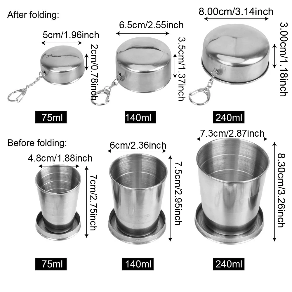 Stainless Steel Folding Cup Retractable Telescopic Collapsible Cups 75/140/240ml Portable For Outdoor Travel