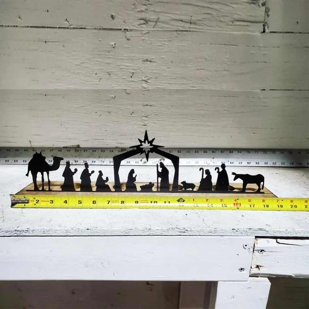 Metal Nativity Table Decoration Black 11.81x1.57x3.46in Metal & Wood Nativity Sign Baptism Nativity Scene Plaque