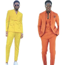 African Streetwear Yellow Orange Men Suits Groom Wedding Tuxedos Slim Fit Prom Blazer Terno Masculino 2 Pieces Jacket+Pant