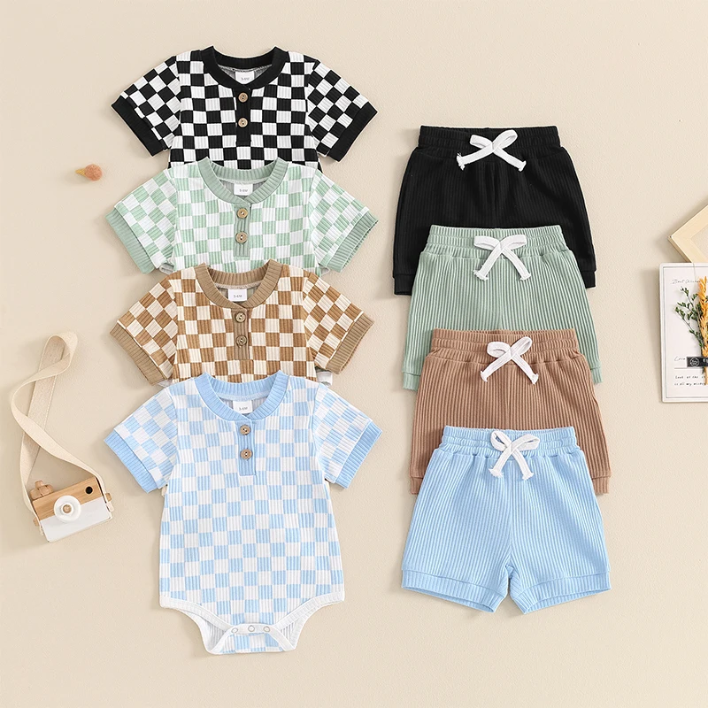 Newborn Baby Boy Girl Jumpsuit Set Plaid Print Ribbed Knit Short Sleeve Romper Solid Elastic Short Set Infant Summer 2Pcs Outfit