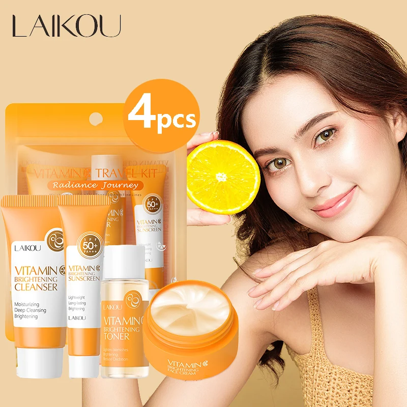 4pcs Vitamin C Skin Care Sets Face Cream Facial Cleanser Essence Spf 50+ VC Sunscreen Moisturizing Refresh Face Care travel Suit