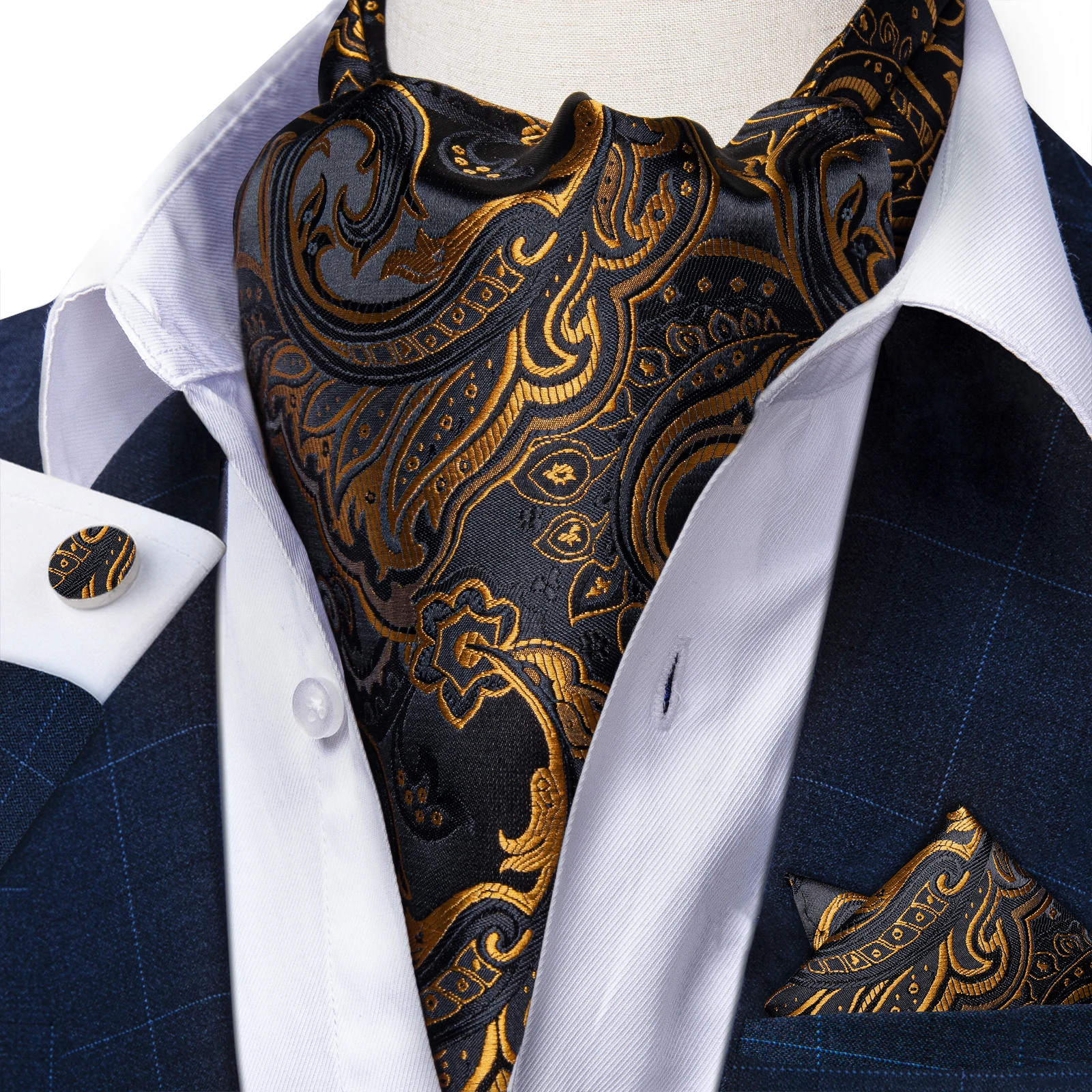 Luxury Black Gold Silk Ascot Jacquard Hadkerchief Cufflinks for Man Wedding Fashion Classic Gentleman Formal Cravat Party Tuxedo