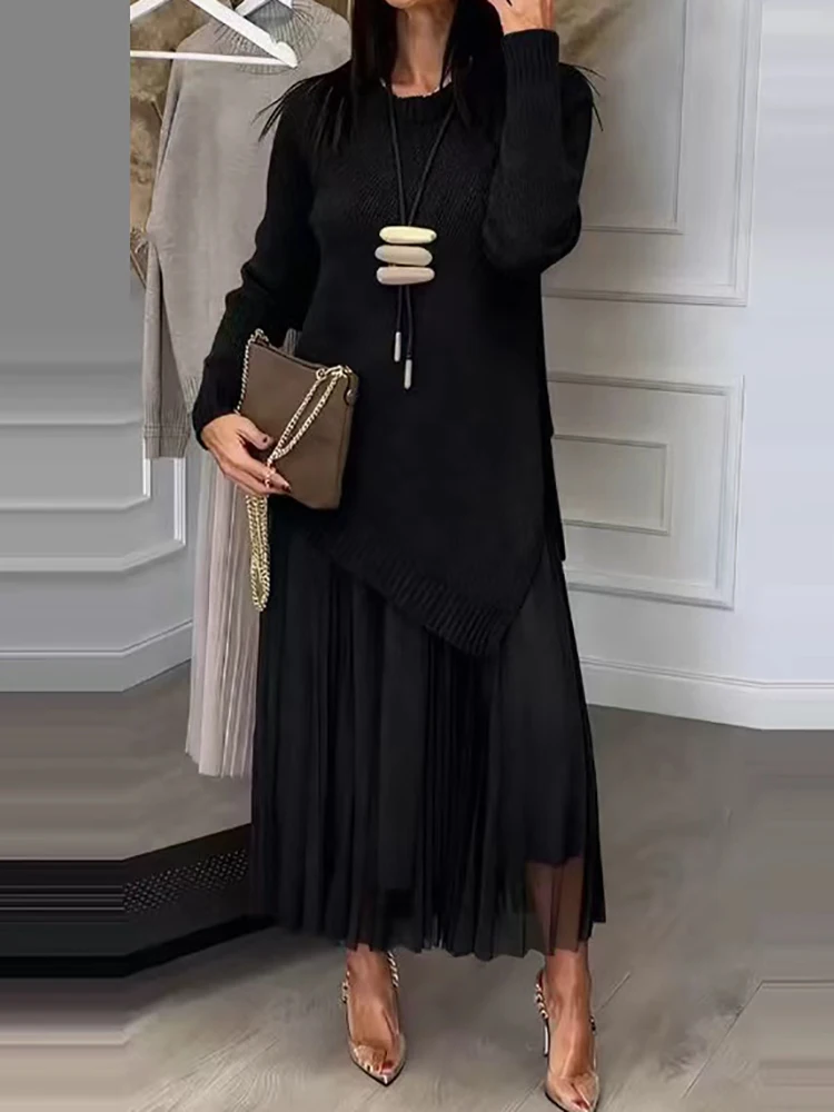 Dames O-hals trui met lange mouwen en mouwloze maxi-jurk, tweedelige set vakantie herfst winter streetwear eenvoudige outfit