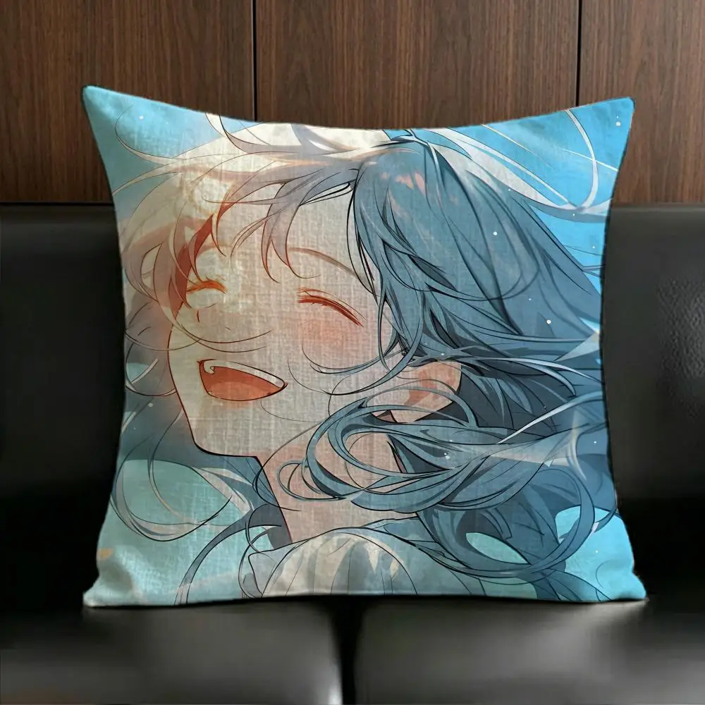 ANIME B-Blue haired twin tail girl Cushion Cover Anti-dustmite Pillowcase Invisible zipper silky short plush Sofa cushion cover