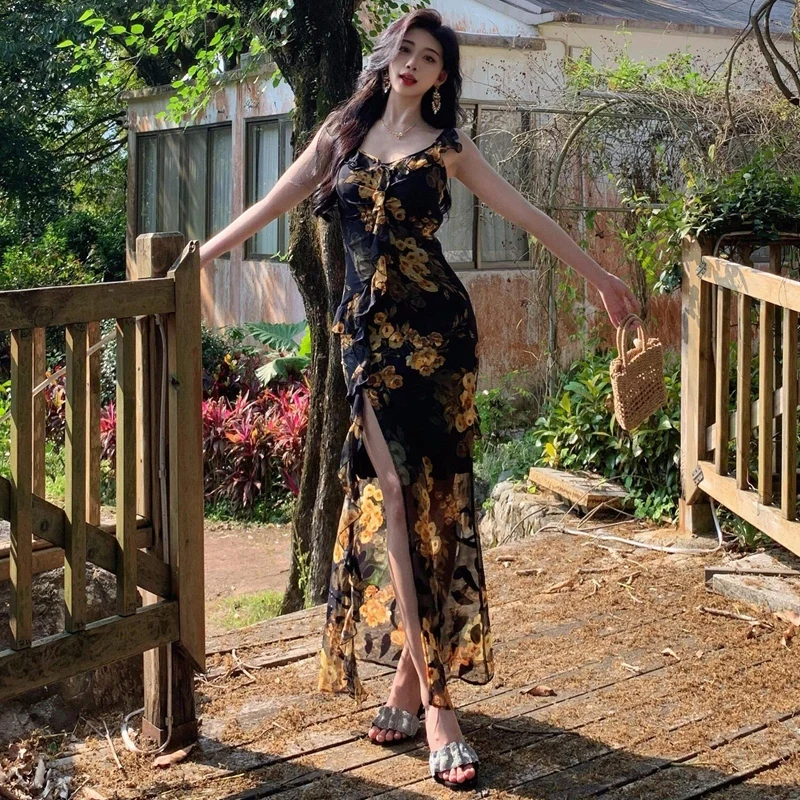 2026 Summer Sexy Spaghetti Strap Print Split Dress for Women Slim Fit Temperament Elegant Wrapped Buttocks Trumpet Mermaid Dress