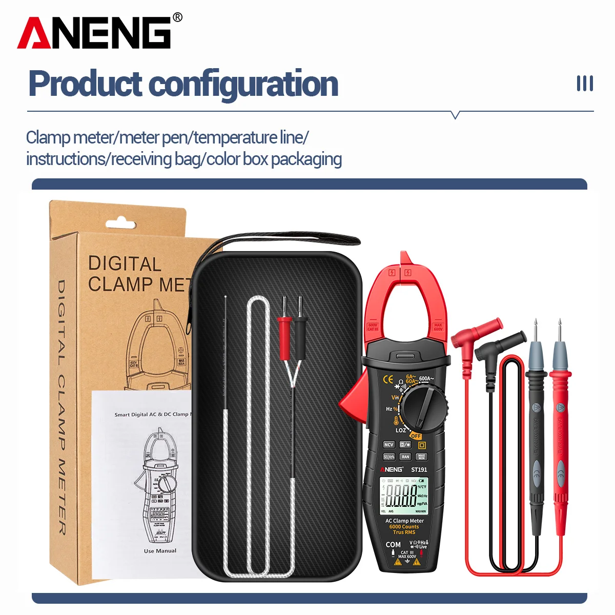6000 Counts Voltage Current Testers 60A/600A Multimenter Capacitor Auto Ammet ANENG ST191 Smart Digital AC&DC Clamp Meter