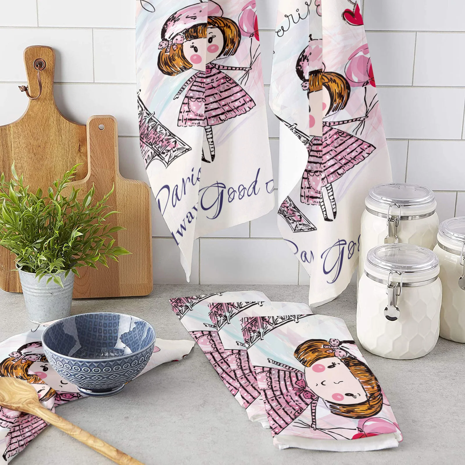 Little Girl Tower Retro Balloon Art Clouds Printed Tea Hand Towel Kitchen Dishcloth Water Absorption Household Cleaning Cloth