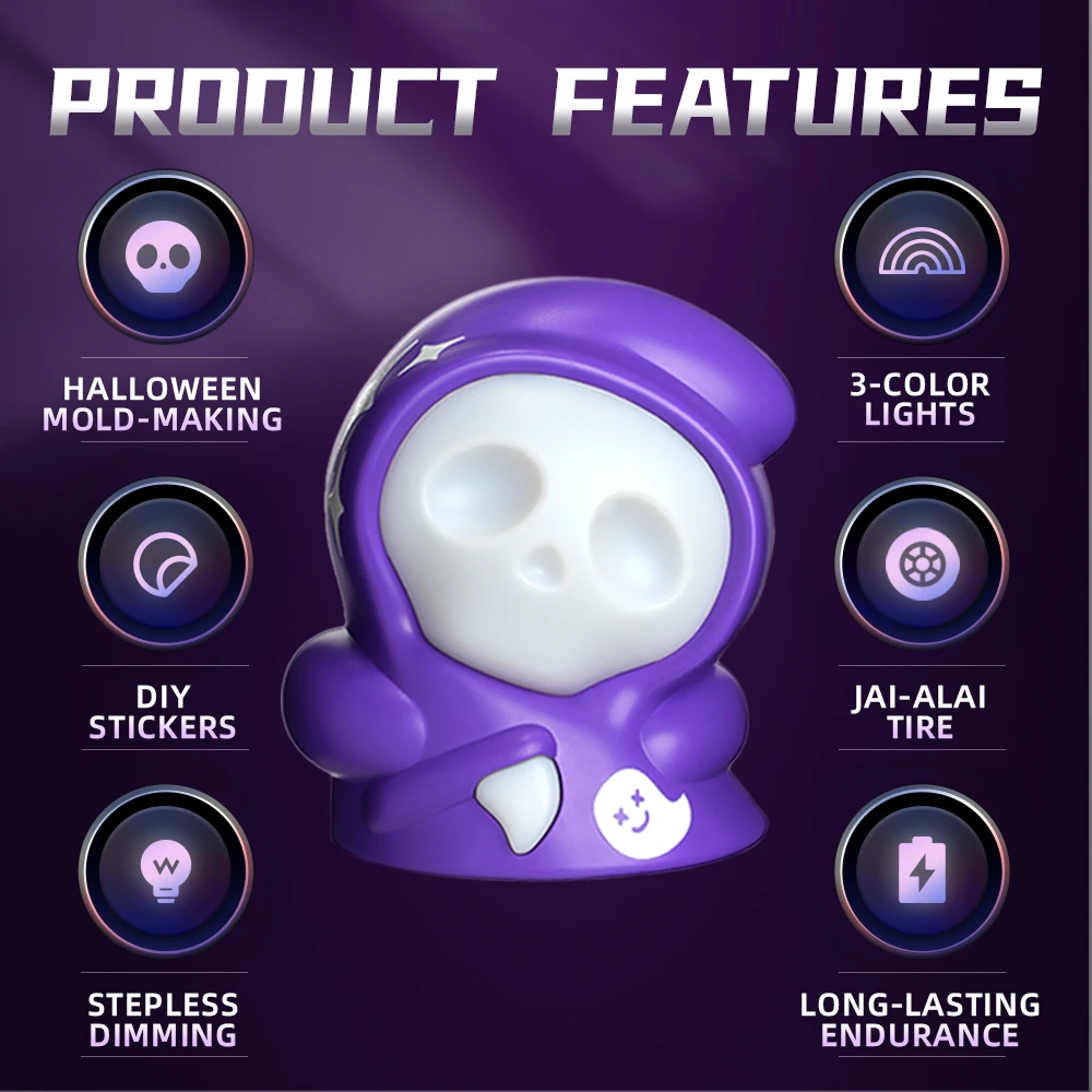 Creative LED Ambient Light Halloween Ghost RGB Grim Reaper Flickering Lamp 3D Inertia Pull Back Car Toy Kids Gift Festival Decor