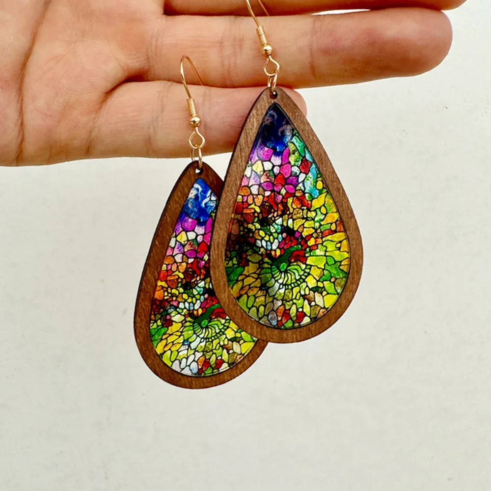 Kaleidoscope Pattern Mosaic Stained Earrings Bright Vintage Colorful Statement Earrings Church Printed Wood Water Drop Earrings