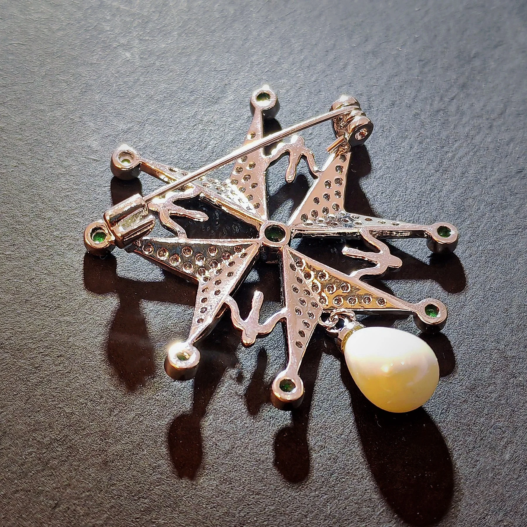 Religious Vintage Emerald Deco Clear White Maltese Cross Drop Brooch Pin Church Jewelry