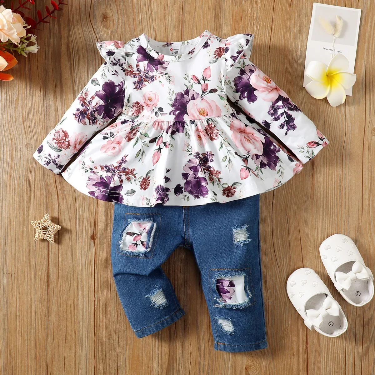 PatPat 2pcs Baby Girl Allover Floral Print Ruffle Long-sleeve Top and 95% Cotton Ripped Jeans Set Plants and floral  Full print