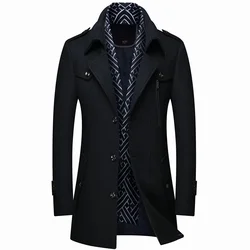 Men's Woolen Coats Fashion Thicken Mid Length Trench Turn Down Collar Warm Outerwear Business Casual Wool Coat