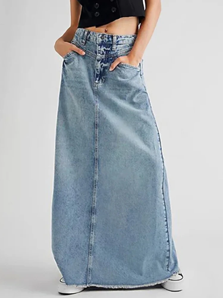 

Vintage Blue Denim Skirt Women Autumn Elegant High Waist Long Skirts Ladies Fashion Casual Loose Slim A-line Pocket Jean Skirt