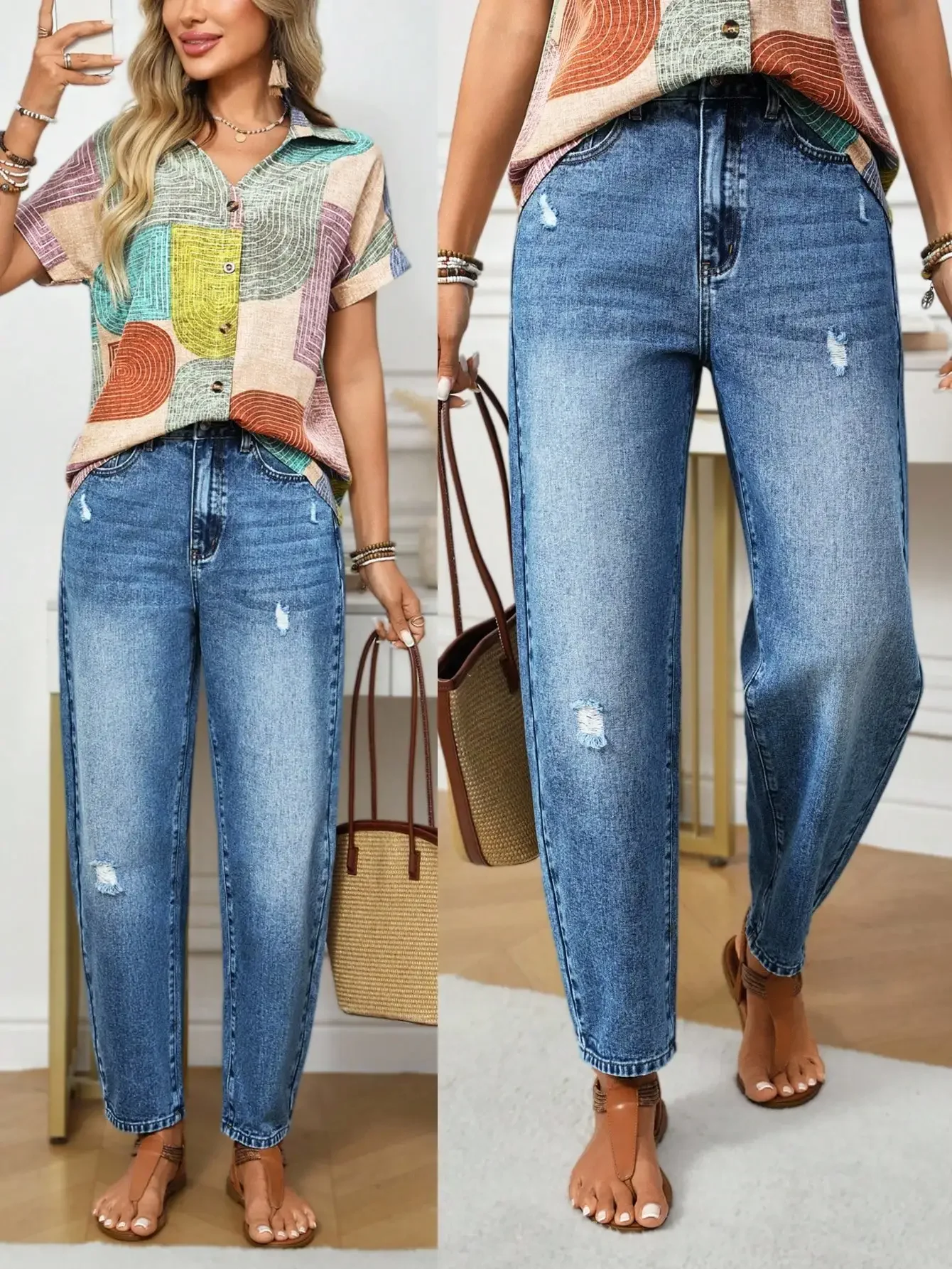 

Women's High Waist Distressed Loose Fit Mom Jeans with Pockets