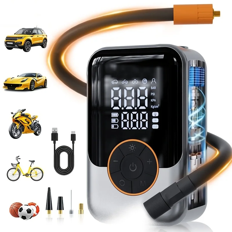 Portable Tire Inflator Air Compressor, Automatic Shut-Off Function, 150Psi Car Tire Pump, USB Rechargeable Smart Cordless Air Pump, with Digital Pressure Gauge/Led Light and Display, Suitable for Car Tires, Motorcycles, Balls, Etc
