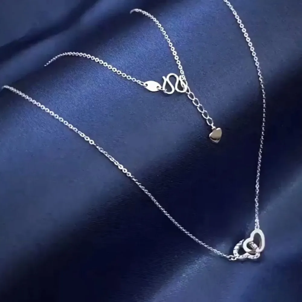 Real Pure Platinum 950 Chain Women Lucky Double Heart O Link Necklace 2.25-2.45g/40+2cm