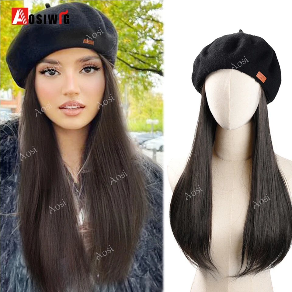 Women\'s Black Beret Wig Synthetic Long Straight Hat Wig Hat Detachable Wig Keeps Warm And Fashionable Hat Wig