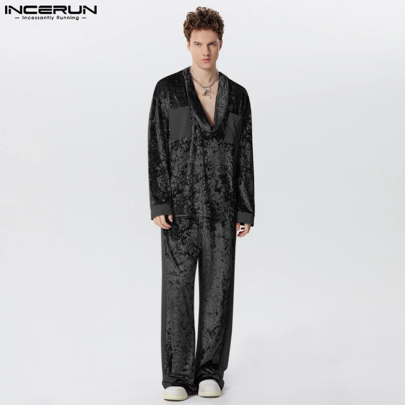 INCERUN Men Sets Solid Color Velour Patchwork V Neck Long Sleeve T Shirt & Pants 2PCS Streetwear 2024 Fashion Men\'s Casual Suits