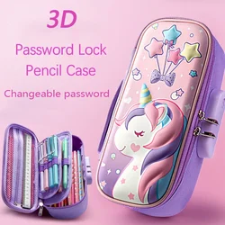 3D EVA Canvas Pencil Case, Senha de Bloqueio, Grande Capacidade, Saco Impermeável, Material Escolar, Papelaria Kawaii, Presente