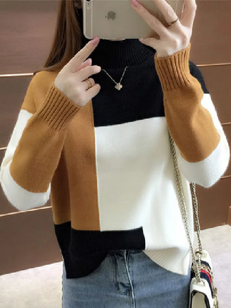 JMPRS Patchwork Women Pullover Sweater Autumn Loose O Neck Long Sleeve Knitted Thick Korean Fashion Female Jumper Sweater Top