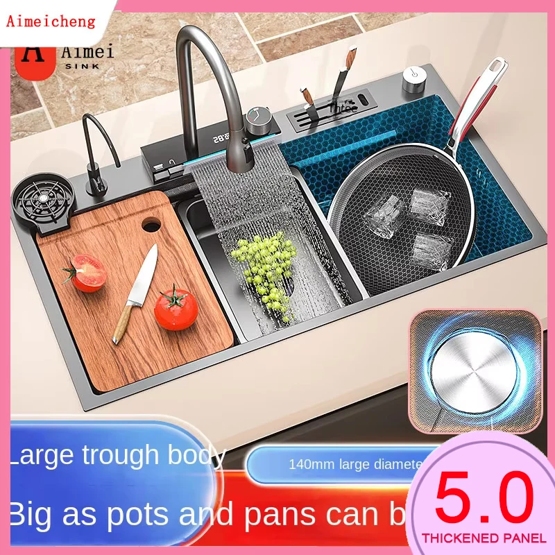 Large Slot Digital Display Honeycomb Stainless Steel Kitchen Sink Big Single Waterfall Faucet Set Multifunctional Wash Cup Washe