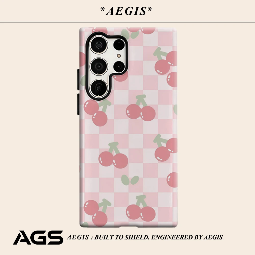 Rosa Karierte Kirsch-Handyhülle für Samsung Galaxy S25 Ultra S24 S23 Ultra Plus Glänzende Doppelschicht-Rückabdeckung