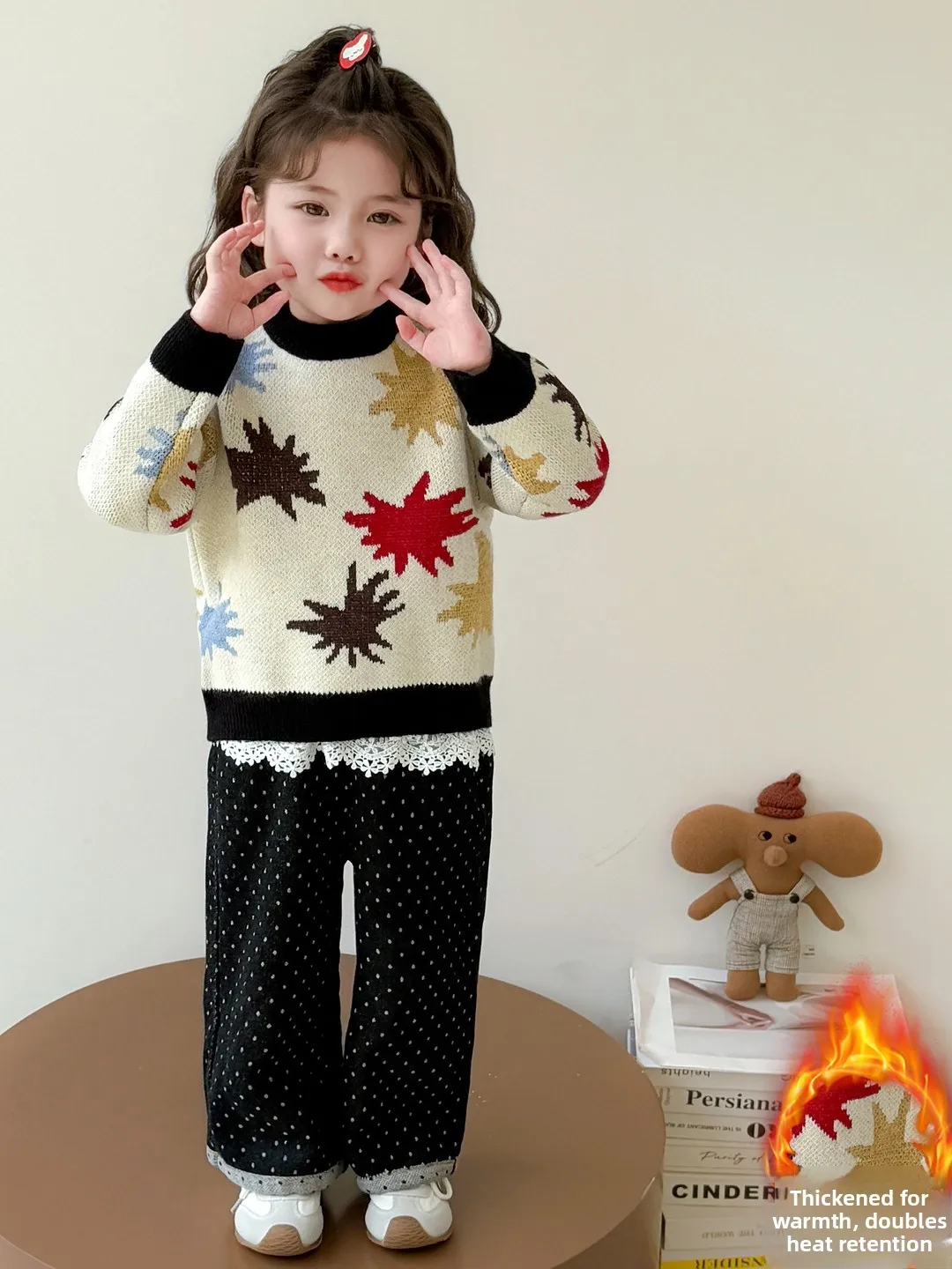 Thiened suéter de malha para meninas redondo ne overhead design de desenho animado outono inverno novo sle base de lã quente irt