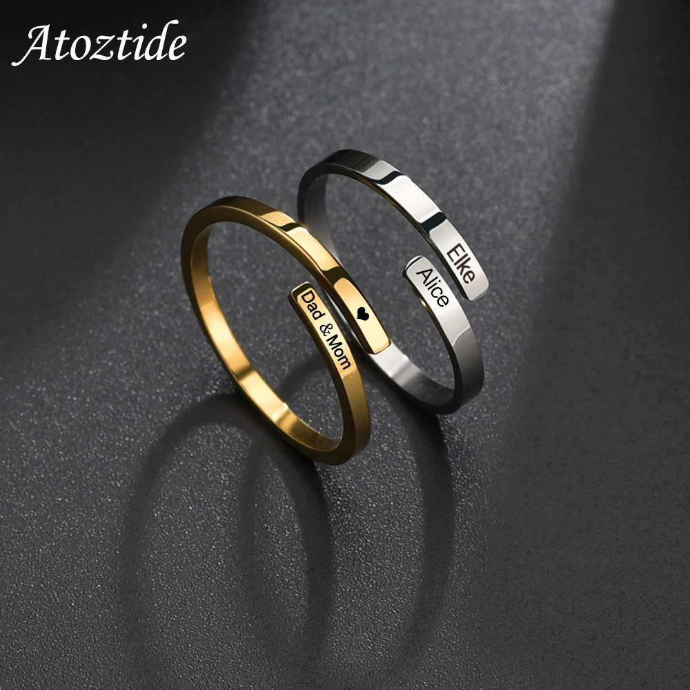 Atoztide Engrave Double Names Rings for Women Gold Color Stainless Steel Custom Date Heart Personalized Couple Ring Jewelry Gift