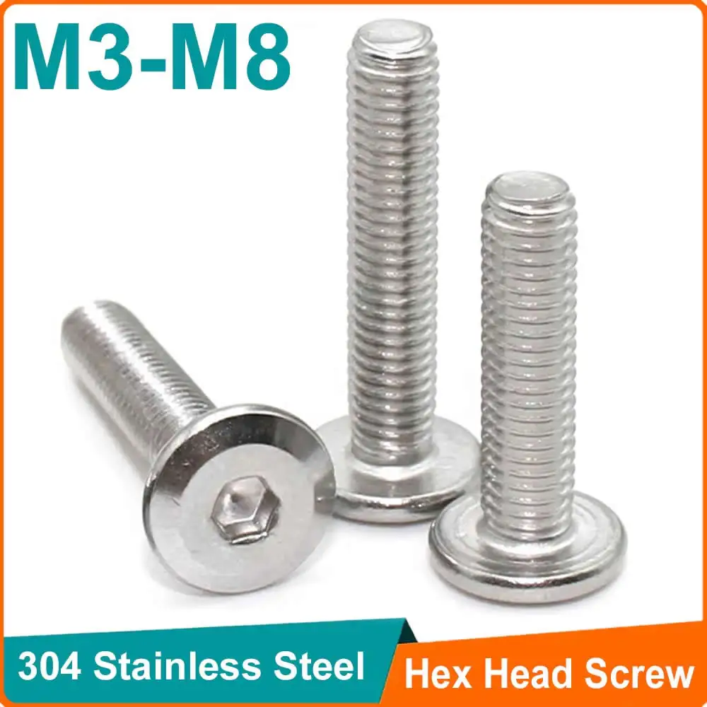 10pcs 304 Stainless Steel M3 M4 M5 M6 M8 Large Flat Hex Hexagon Socket Head Allen Screw Furniture Screw Connector Joint Bolt