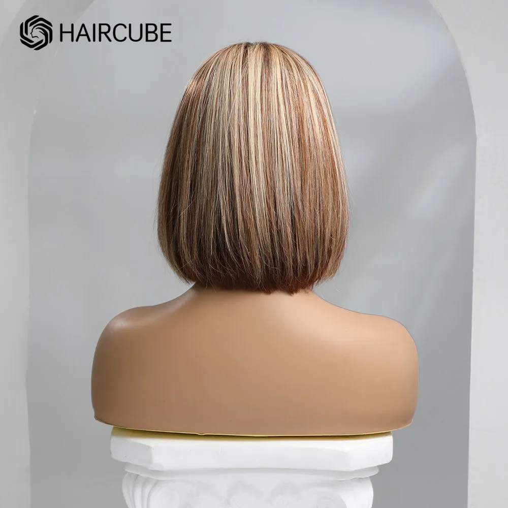 HAIRCUBE Short Bob Human Hair Wigs Blonde Highlight 13x1 Lace Front Wig Mixed Brown Remy Heat Resistant Straight Wigs for Women