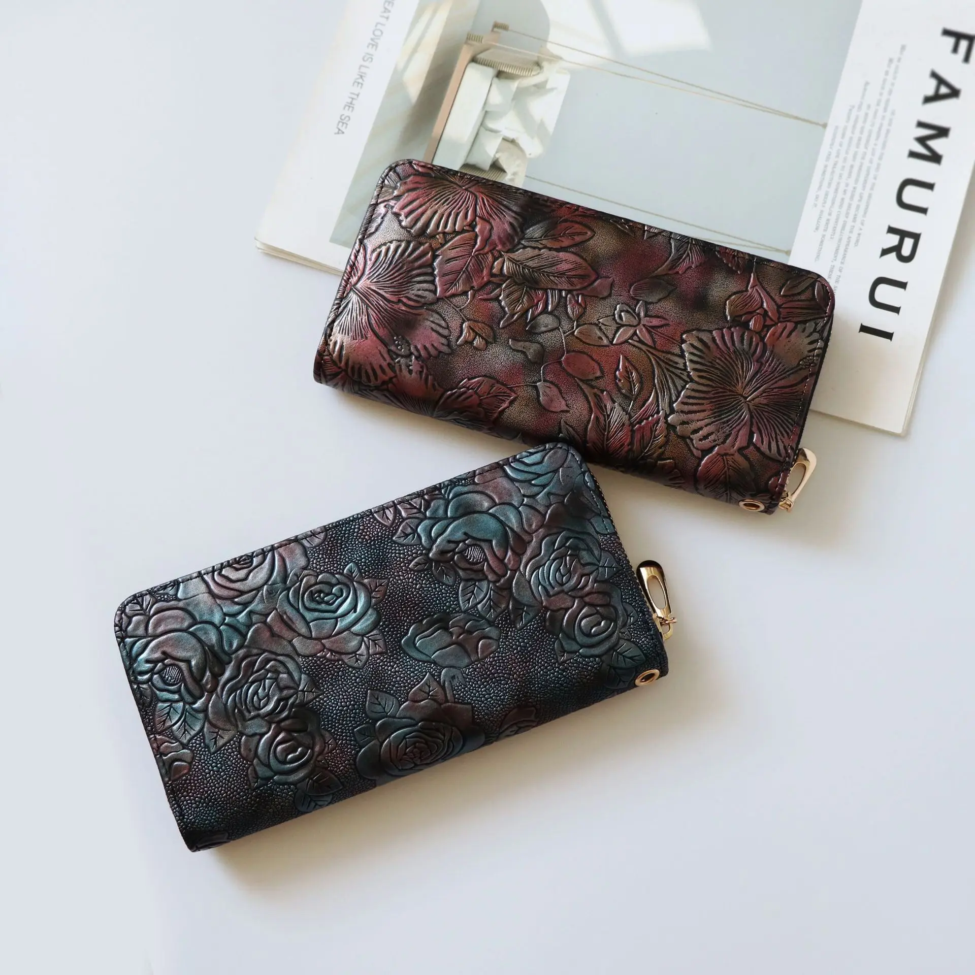 3D Flower Women Clutch Wallet VINTAGE PU Leather Wallet Female Long Wallet Women Zipper Purse Strap Coin Purse Cell Phone Pocket