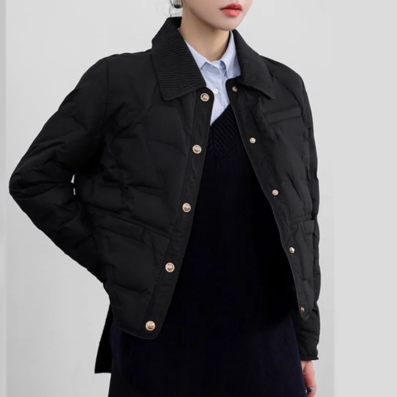 Autumn Winter Quilted Puffer Jacket Women Warm Lightweight Down Coat Single-breasted Lapel Long Sleeve Cold-Resistant Outerwear
