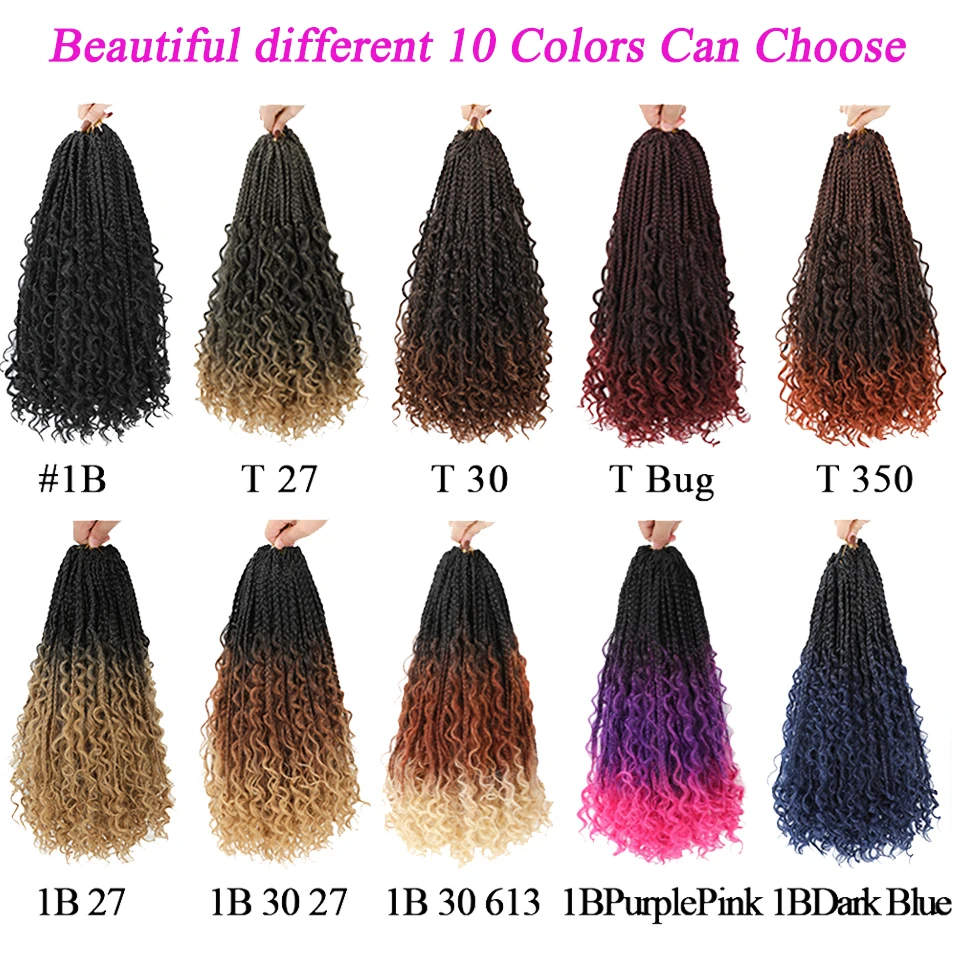 ضفائر صندوق آلهة كروشيه من Jayfans مع أطراف مجعدة ضفائر صندوق بوهيمي شعر كروشيه 1B أزرق أرجواني وردي أومبير تجديل الشعر