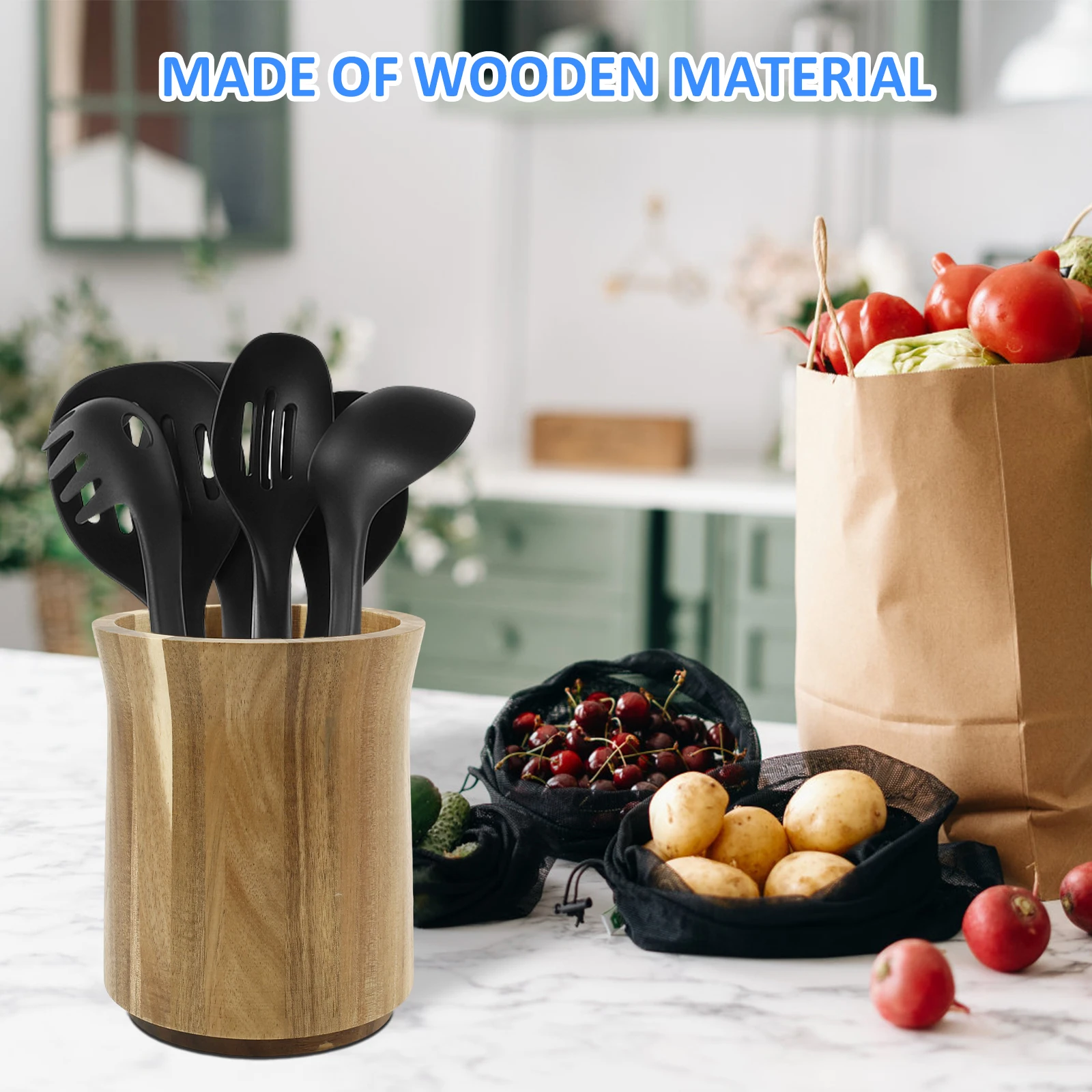 أنبوب تخزين خشبي لأدوات الطبخ وعيدان تناول الطعام وملاعق وشوك وأدوات المائدة 360 درجة °   رف تخزين متعدد الوظائف للمطابخ