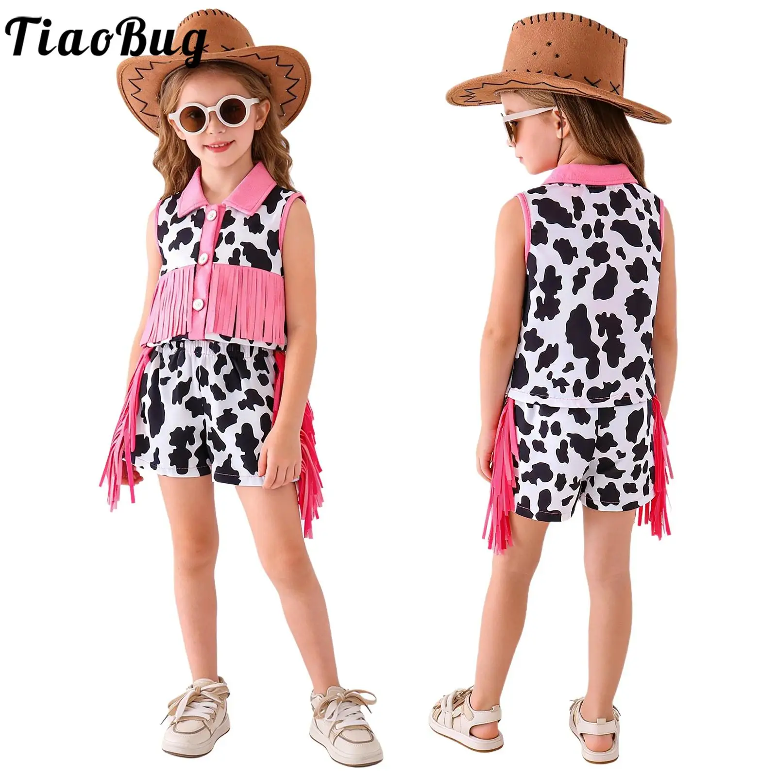 Children Girls Western Cowgirl Costume Sleeveless Cow Printed Button Vest with Fringe Shorts for Cowboy Theme Party Role Play