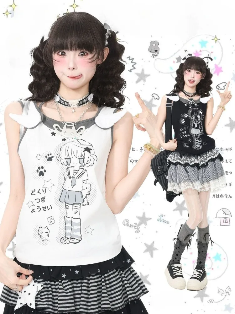 

HOUZHOU Japanese Style Kawaii Women Tank Tops Cute Anime Fake Two-piece Tops White Black Sleeveless Camis Juminocore Sweet Y2k