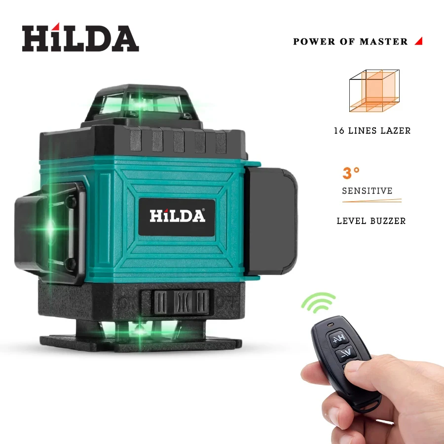 HILDA 16/12 Lines 4D Laser Level Green Line SelfLeveling 360 Horizontal And Vertical Super Powerful Laser Level Green Beam