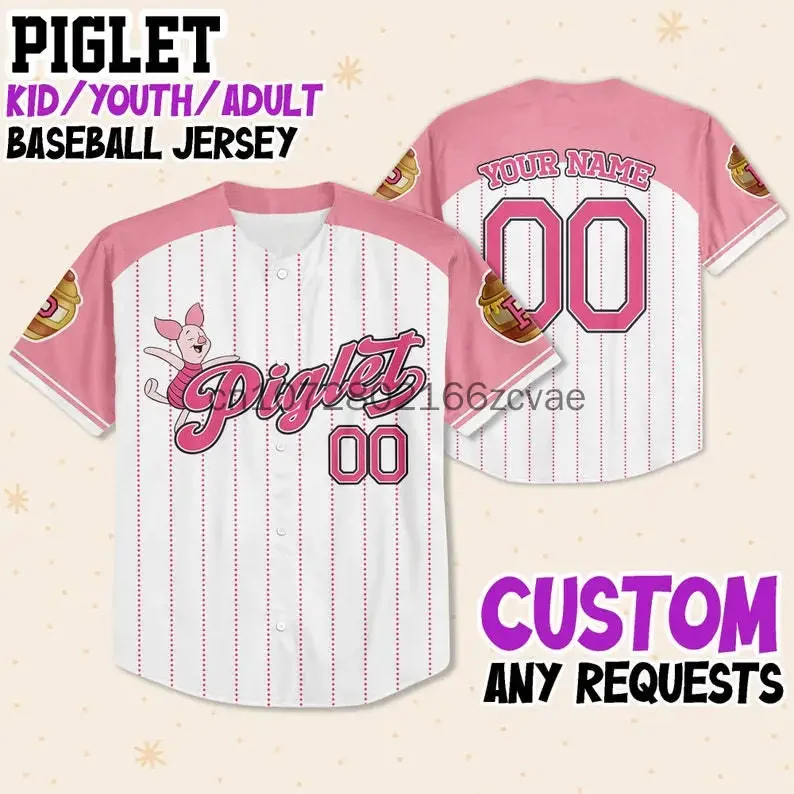 Custom Disney Winnie the Pooh Piglet Baseball Jersey Streetwear Fashion Summer Men's And Women's Short Sleeved Baseball shirt