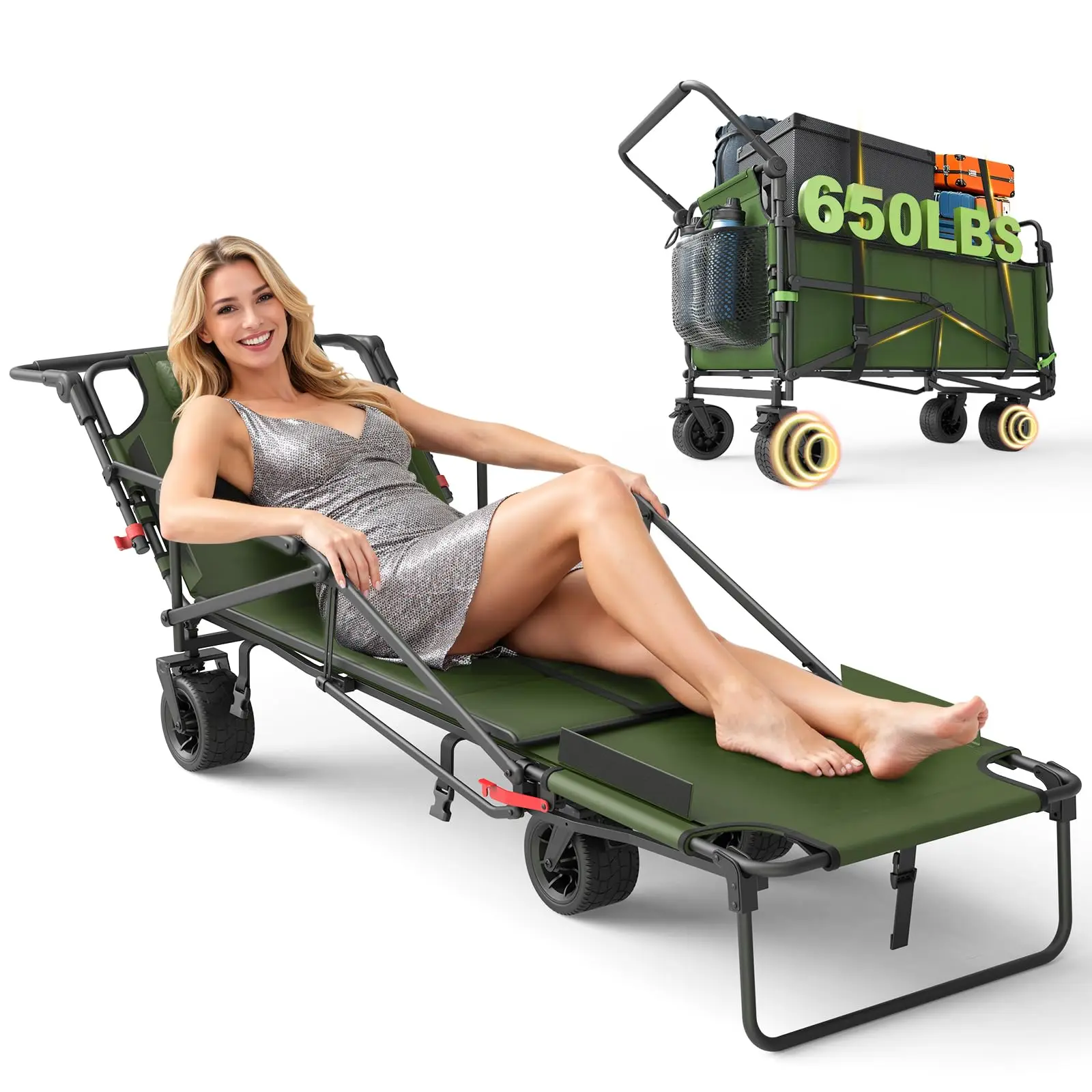 Heavy Duty Folding Wagon - 2-in-1 Collapsible Cart, All-Terrain Wheels w/Brakes & Side Pockets