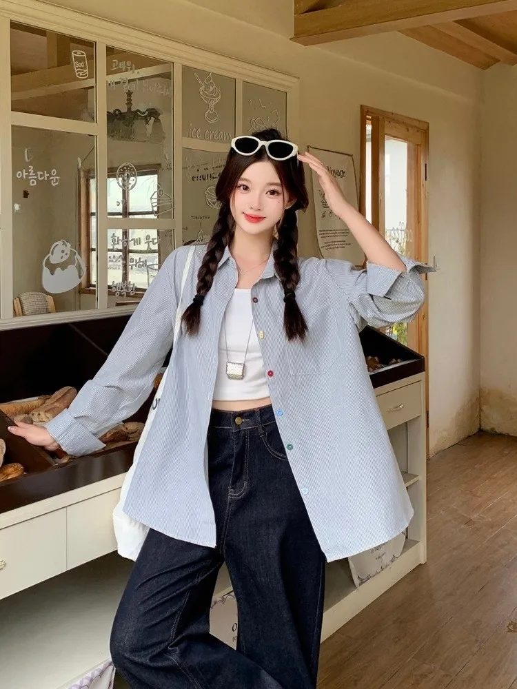 

plus Size Women's Lazy Sle Button Striped Loose oulder irt Outerwear Autumn New Faion Versatile Top