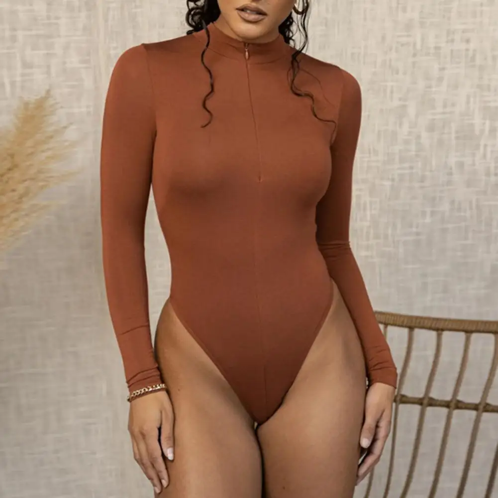 Bodysuit monocromático para mulheres, pescoço simulado, manga longa, meio suporte com zíper, forro polar, macacão de fundo, outono e inverno