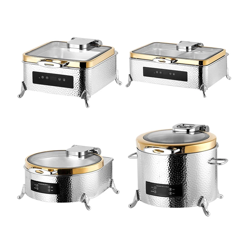 Deluxe Golden Edge Lid 304 Stainless Steel Electric Smart Chafing Dish Remote Control Temperature Hot Air Blower 9L Auto Warmer